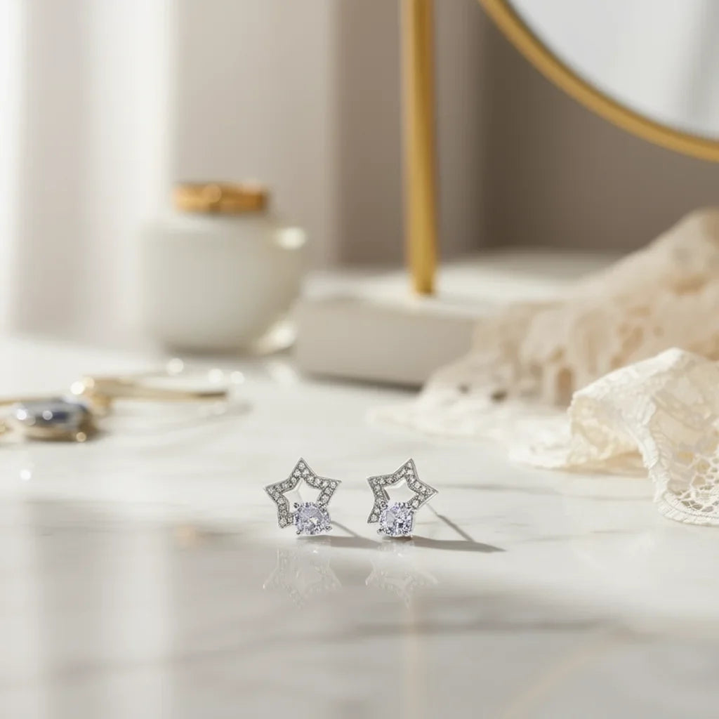 Star-Shaped Copper Stud Earrings with Cubic Zirconia Model E789 for Women Fashion Jewelry Accessories