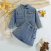Autumn Spring Girls Clothing Set Casual Cotton Denim with Long Sleeve Jacket and Flared Pants Solid Color for Children