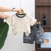 2026 LY New Summer Korean Style Cartoon Woven Loose Casual Short Sleeve 100% Cotton T-Shirt Gold-embossed Logo Young Children
