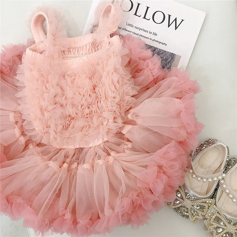 Girls Summer Casual Princess Tutu Puffy Yarn Knitting Printed Dress Polyester/Cotton Material Children 3-8 Years 1-Year Birthday
