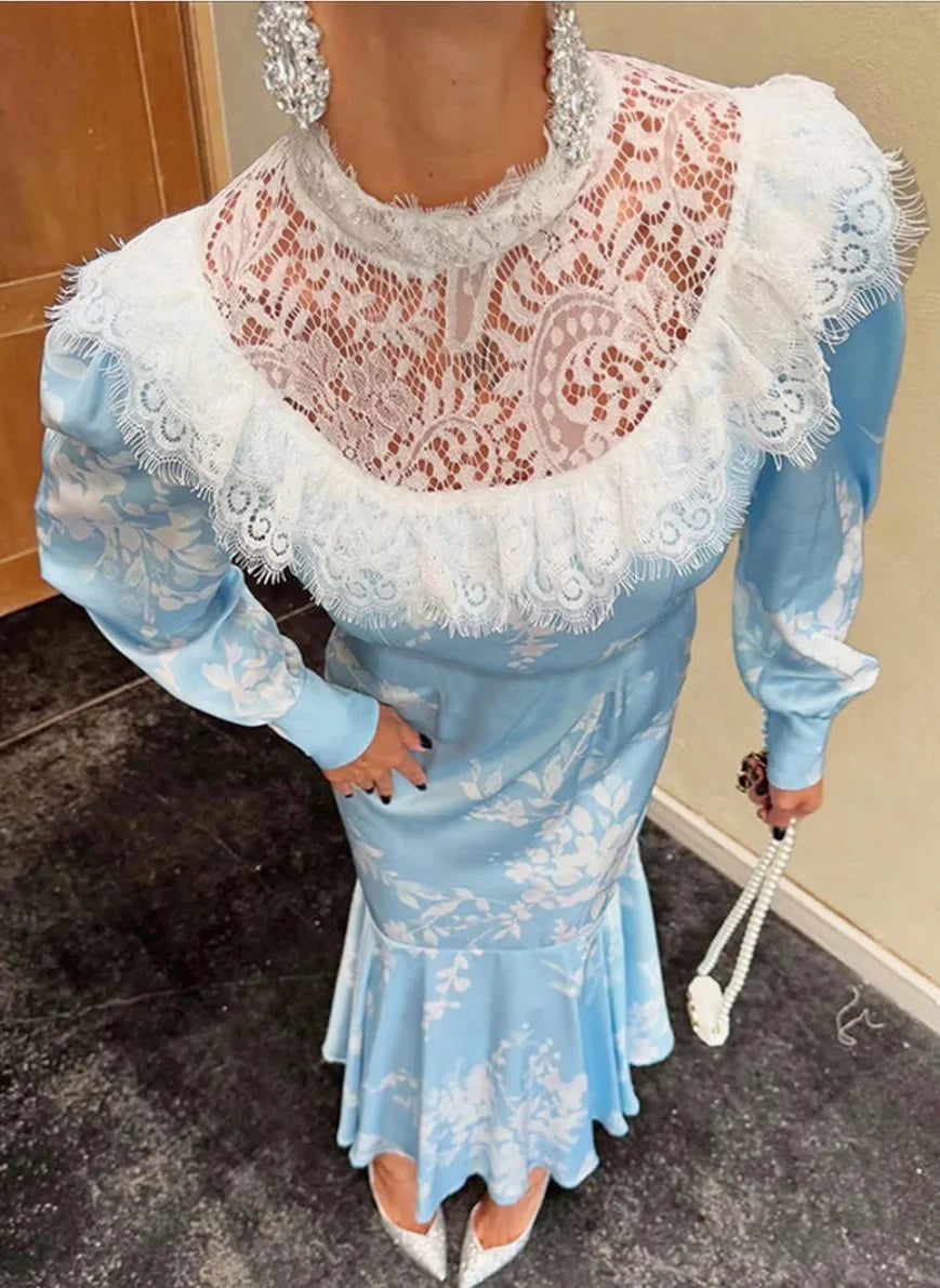 Light Blue Floral Satin Maxi Dress with Lace Collar Elegant Long Sleeve Mermaid Dress for Women