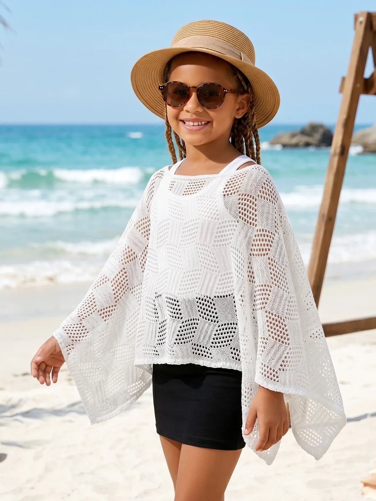 Wholesale Kids Poncho Swimwear Cover up Multi-Way Wear Children Hollow Out Loose Fit Beach Vacation Outdoor Top 6-12 Years