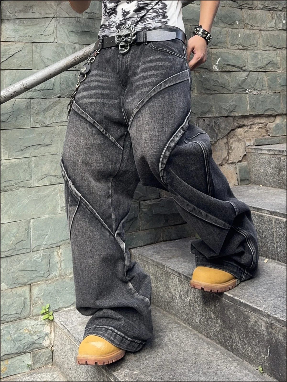 Men's Baggy Jeans Streetwear Contrast Stitching Wide Leg Denim Pants Loose Fit Jeans for Men