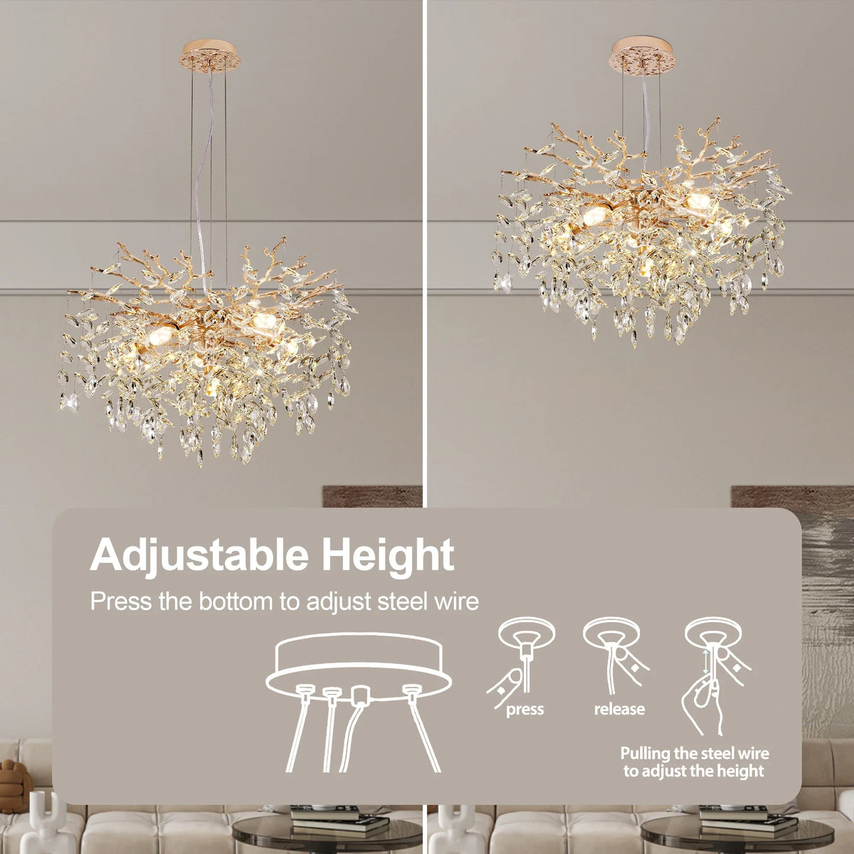 Modern Tree Branch Crystal Chandelier Luxury Gold Crystal Pendant Lighting 23.6" Contemporary 6 Light Chandeliers for LivingRoom