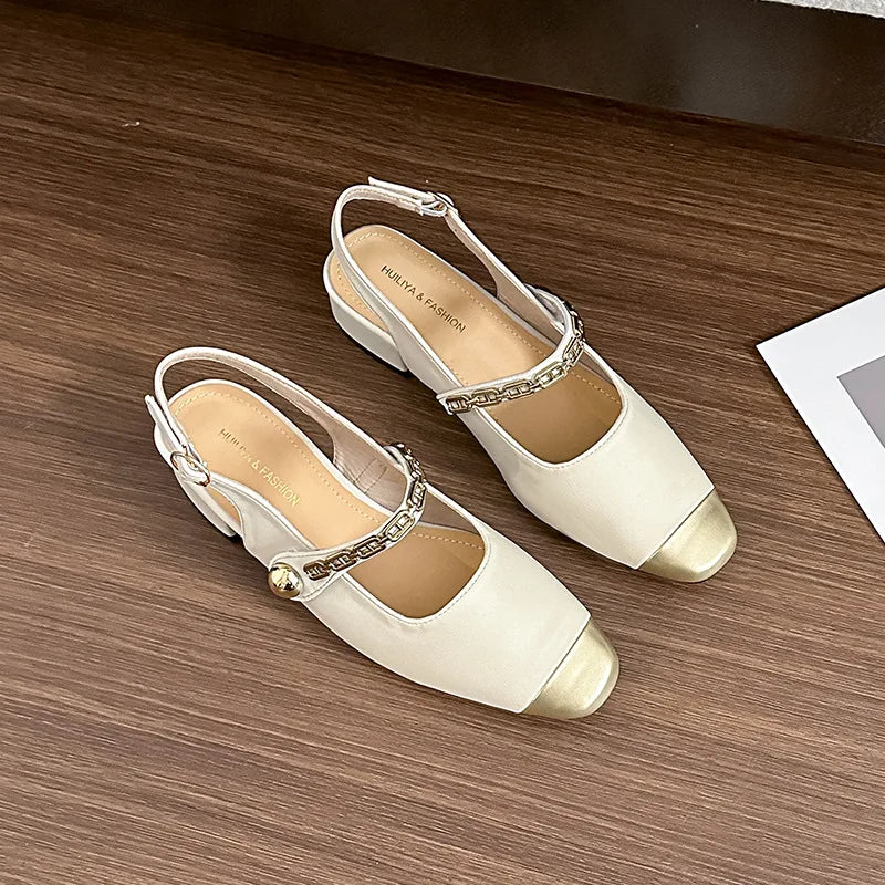 2026 Summer New Women One Strap Color Block Closed Toe Sandals square Toe Backless Low Heel Casual Shoes