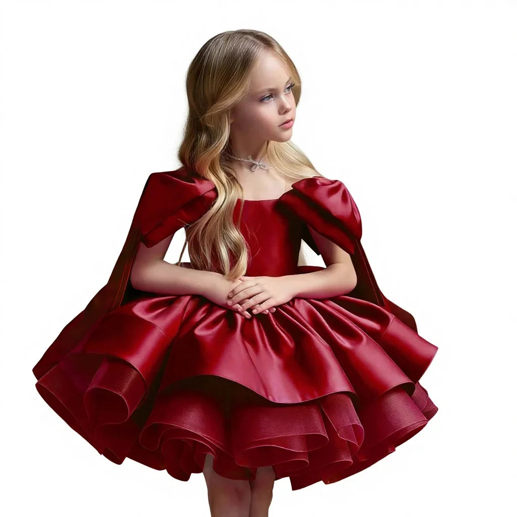 High Quality Girls Wine Red Princess Dress Skirt Bowknot Elegant O-Neck Gown for Birthday Piano Performance for Children