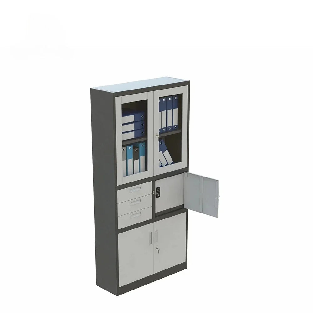 Modern office cabinet; all-steel filing cabinet with double glass doors; ideal for document storage in a home office