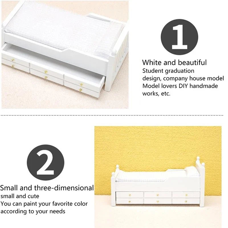 🛒1:12 Dollhouse Miniature Bed White European Single Bed with Drawer Bedroom Furniture Model Decor Toy Doll House Accessories
