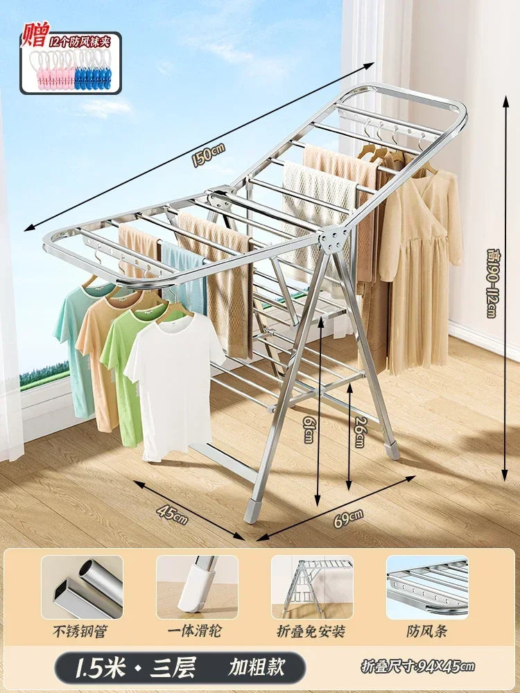 Stainless Steel Folding Drying Rack Balcony Floor Multi-functional Drying Rack Outdoor Wing Folding Clothesline