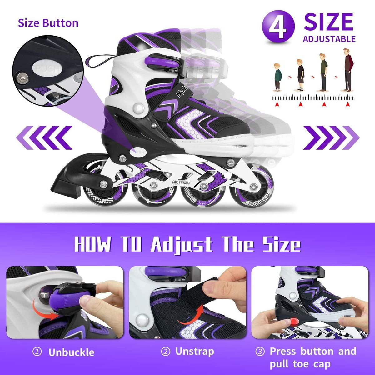 Adjustable Inline Skates Light-Up Wheels – Purple Size 8-12