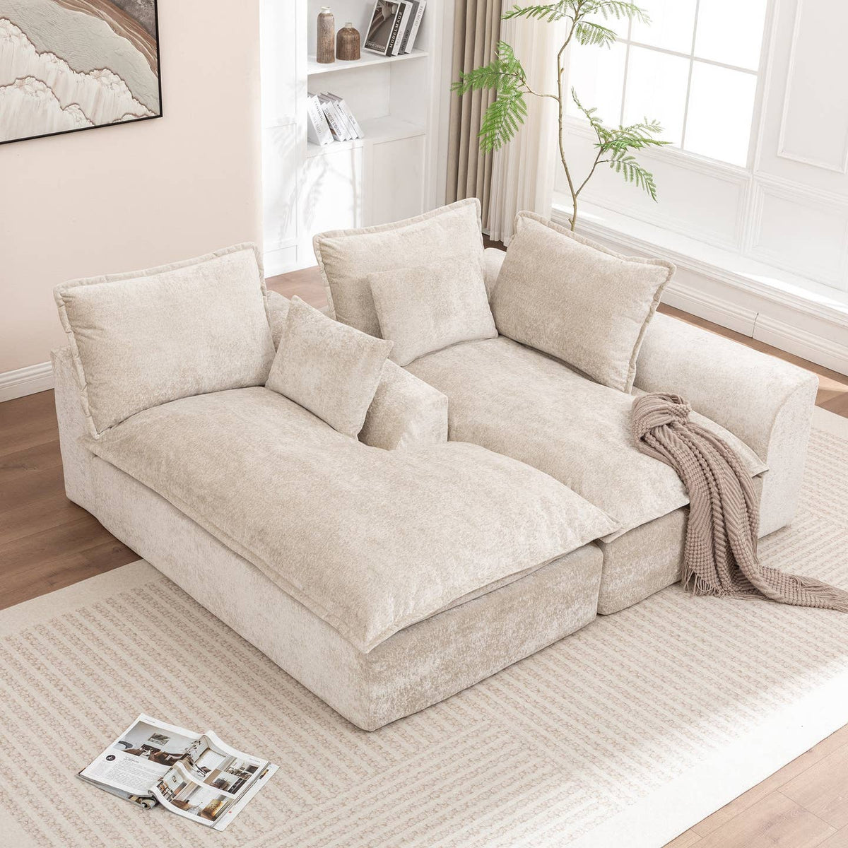 Wholesale Ivory Chenille L‑Shaped Modular Sectional Compressed Sofa