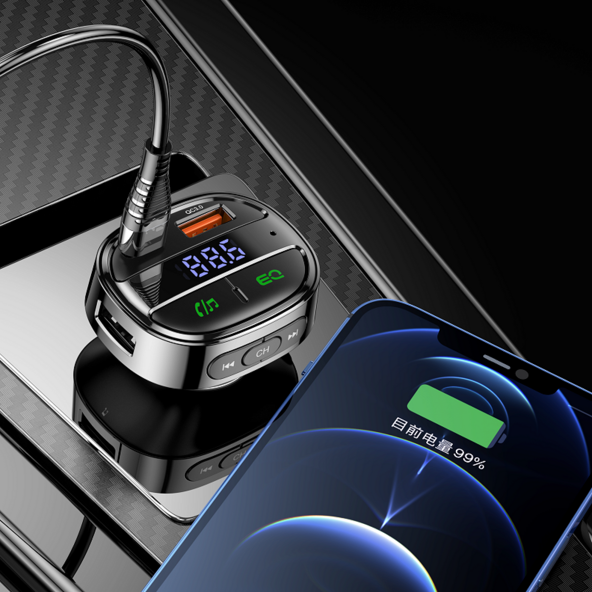 Bluetooth FM Transmitter with PD30W Fast Charging Black