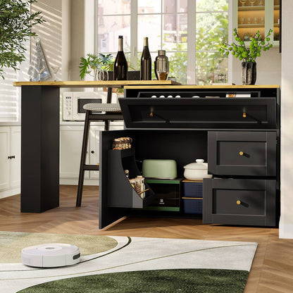 Wholesale Extendable bar table black with storage kitchen cabinet with snack shelf (138-204×39×105cm) MANGROVEPROP
