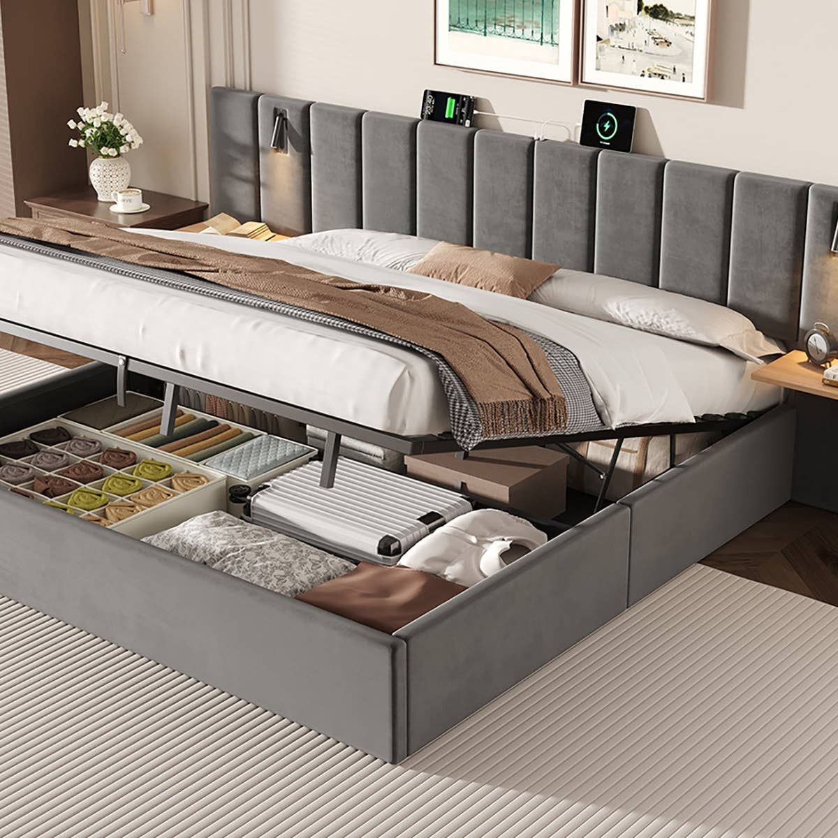 Wholesale Super king grey velvet-upholstered end-opening ottoman bed frame with side tables, lamps and charging station, 180×200 cm LATTICERO