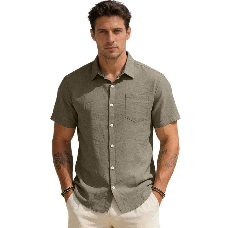 Wholesale Men's Casual Short Sleeve Pocket Open Front Shirt Solid Loose Fit Lapel Collar