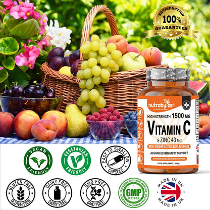 Wholesale ﻿High Strength Vitamin C and Zinc | Advanced Immunity Support | 60 Vegan Capsules | 1 Month Supply | Made in the UK