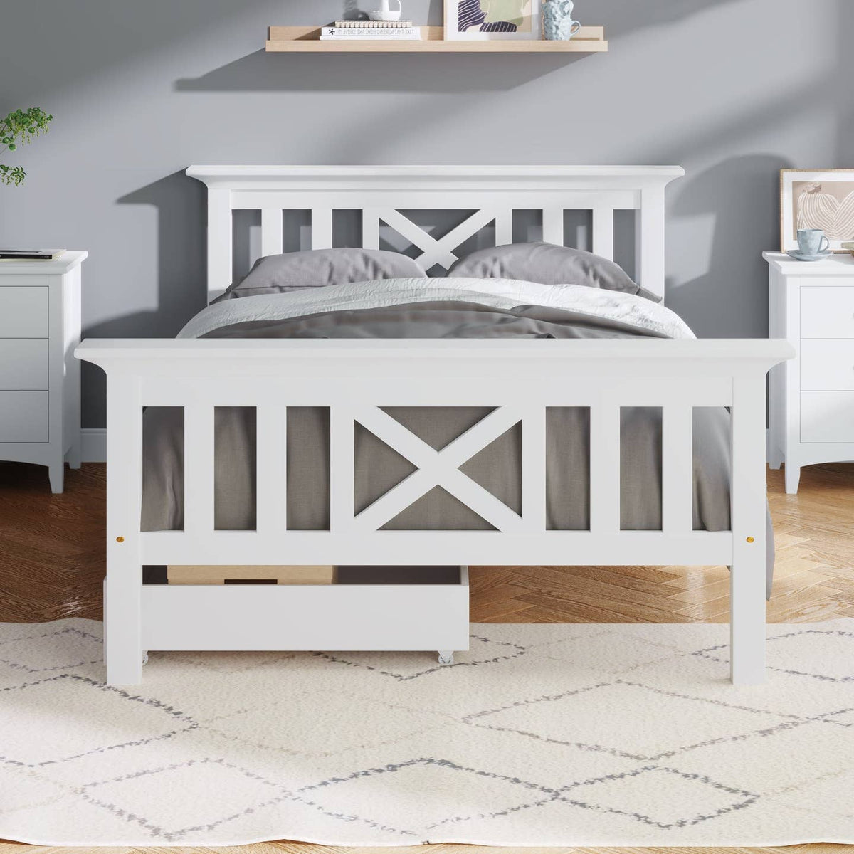 Wholesale White Solid Pine Wood Single Bed Frame with 2 Under Bed Drawers