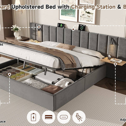 Wholesale Super king grey velvet-upholstered end-opening ottoman bed frame with side tables, lamps and charging station, 180×200 cm LATTICERO
