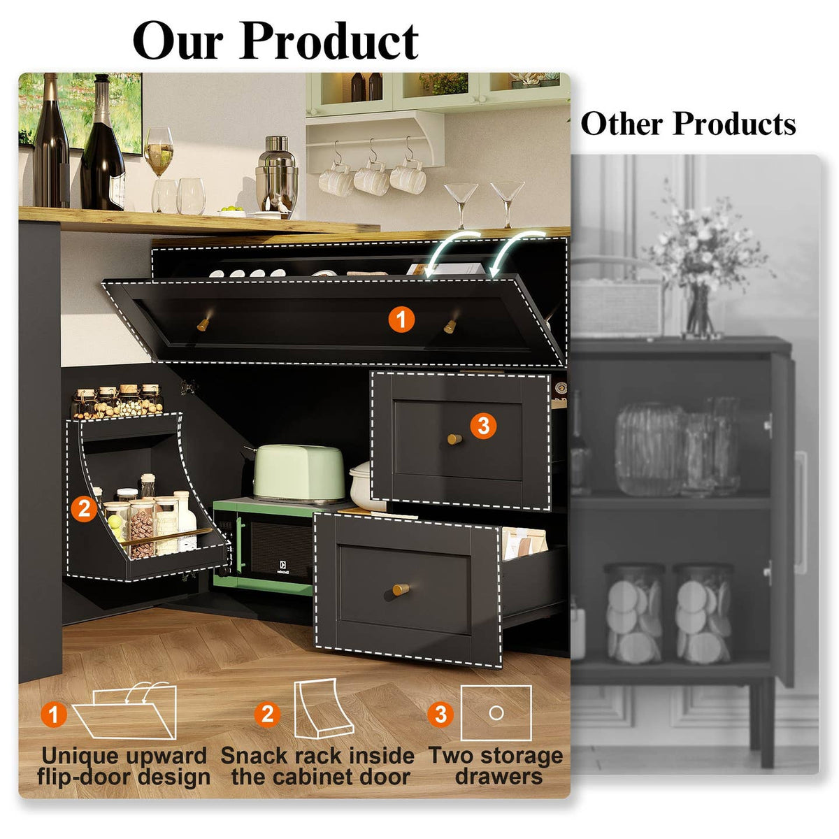 Wholesale Extendable bar table black with storage kitchen cabinet with snack shelf (138-204×39×105cm) MANGROVEPROP