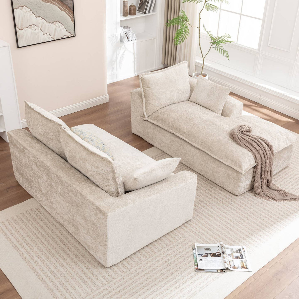 Wholesale Ivory Chenille L‑Shaped Modular Sectional Compressed Sofa