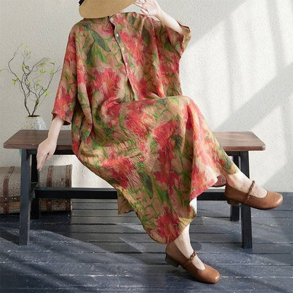 Wholesale Loose Fit Printed Maxi Dress With Stand-Up Collar