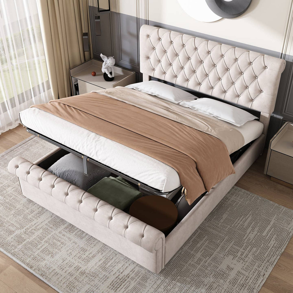 Wholesale Luxury Velvet King Size Bed Frame with Underbed Storage
