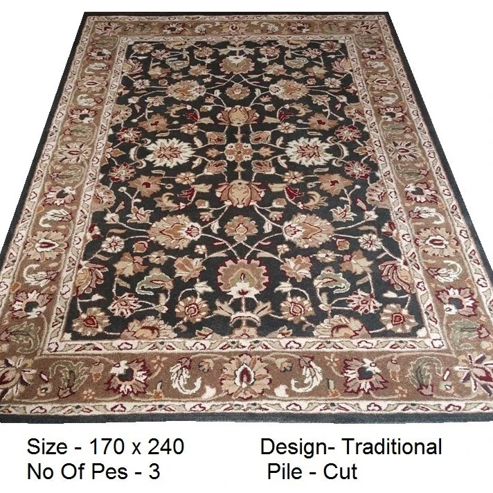 Hot Selling Traditional Black Hand Tufted Wool Area Rug Persian Floral Design Cut Pile Carpet for Living Room Bedroom Hotel Home