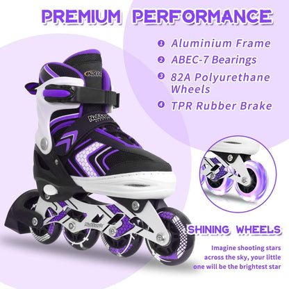 Adjustable Inline Skates Light-Up Wheels – Purple Size 8-12
