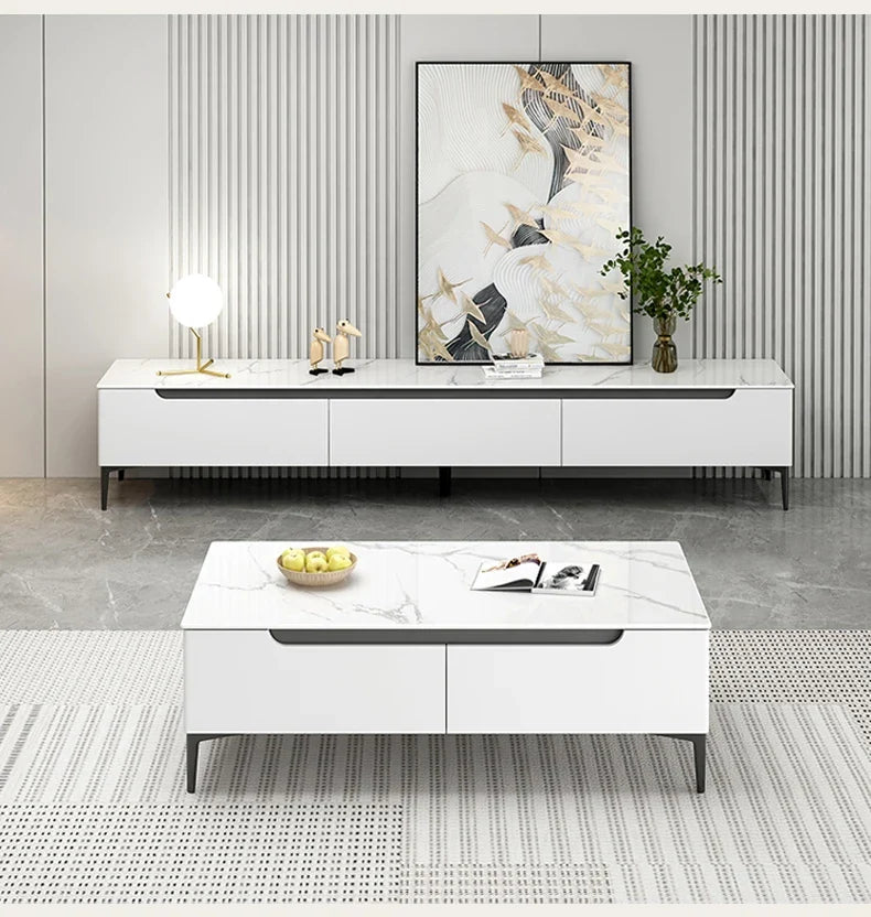 Modern Contemporary Style Wood TV Stand with Sintered Stone Top Easy to Clean for Living Room Small Apartment