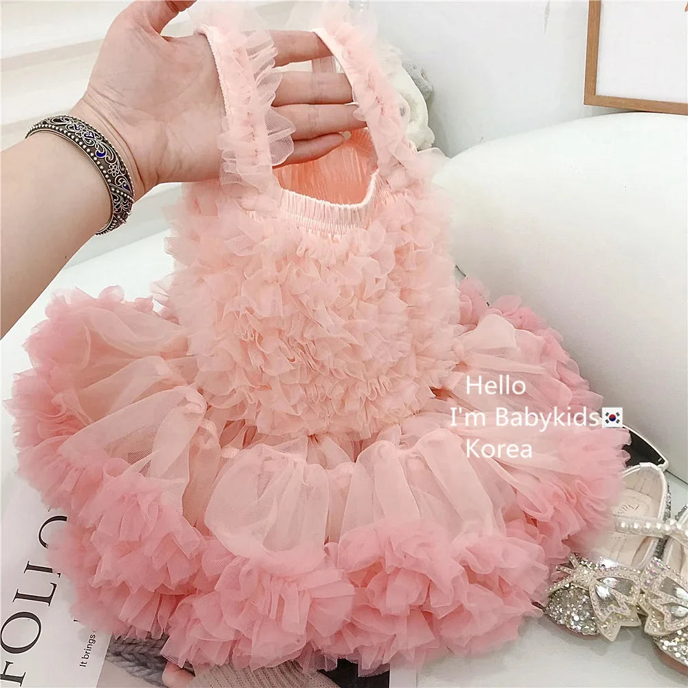 Girls Summer Casual Princess Tutu Puffy Yarn Knitting Printed Dress Polyester/Cotton Material Children 3-8 Years 1-Year Birthday