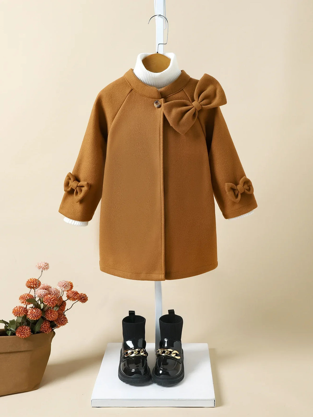 Children's Autumn/winter Women's Children Stand Collar Tweed Coat Fashion Jacket Bow Coat