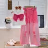 Girls' Summer Two-Piece Suit Sleeveless Ripped Jeans with Floral Denim for Older Children