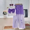 Girls' Summer Two-Piece Suit Sleeveless Ripped Jeans with Floral Denim for Older Children