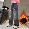 Winter New Girls' Thickened Straight Pants Loose Wide Leg Fleece-Lined Denim Pants for Large Children Embroidered Casual Washed