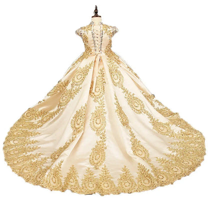 Retro Palace Princess Dress for Kids Formal Ball Gown with Tail Lace for Birthday Performance or Wedding for Children