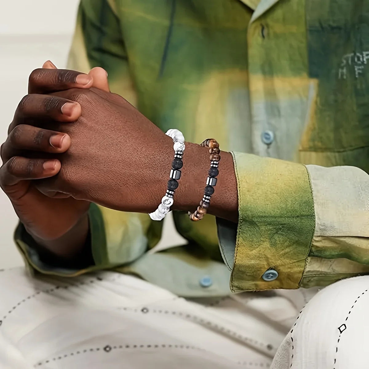 4pcs/set Men'S Beaded Bracelet, Tiger Eye Howlite Hematite Spacer Elastic Bracelets,Daily Wear for Men and Women,Mother'S  Gifts