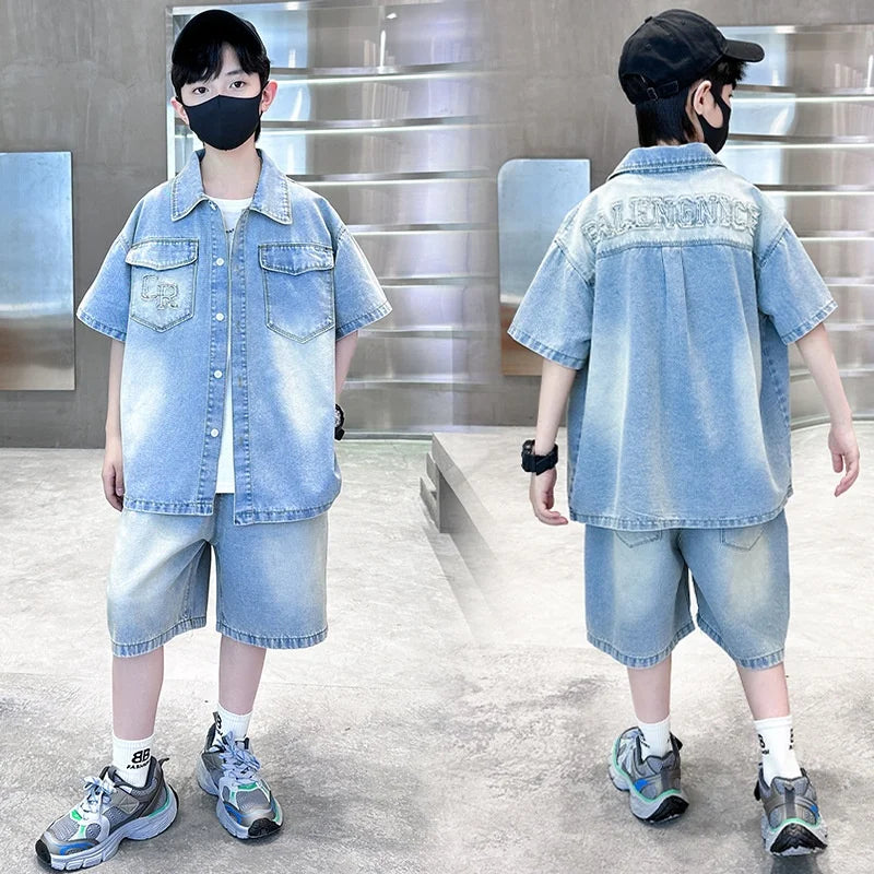 Children and Boys Summer Cowboy Suit Denim 2026 New Two-piece Thin Short Medium/Large Explosions