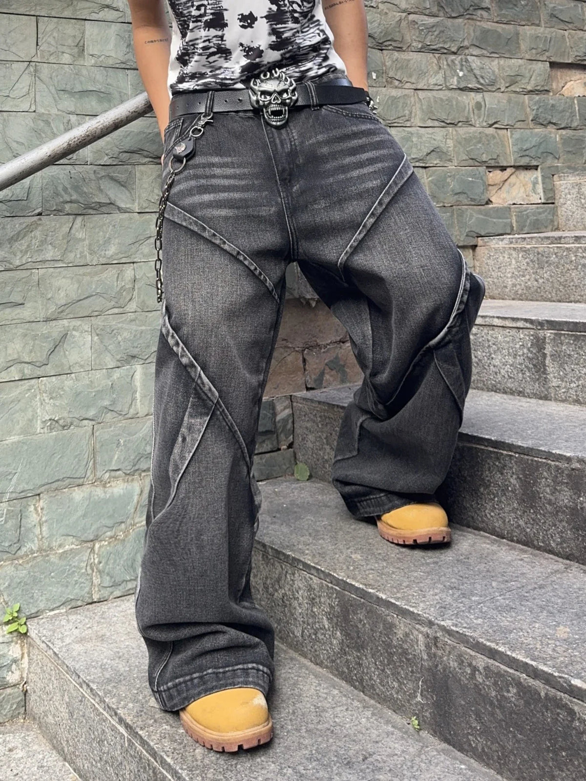 Men's Baggy Jeans Streetwear Contrast Stitching Wide Leg Denim Pants  Loose Fit Jeans for Men