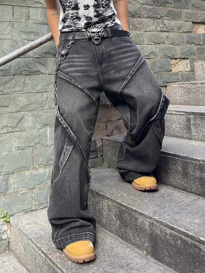 Men's Baggy Jeans Streetwear Contrast Stitching Wide Leg Denim Pants  Loose Fit Jeans for Men