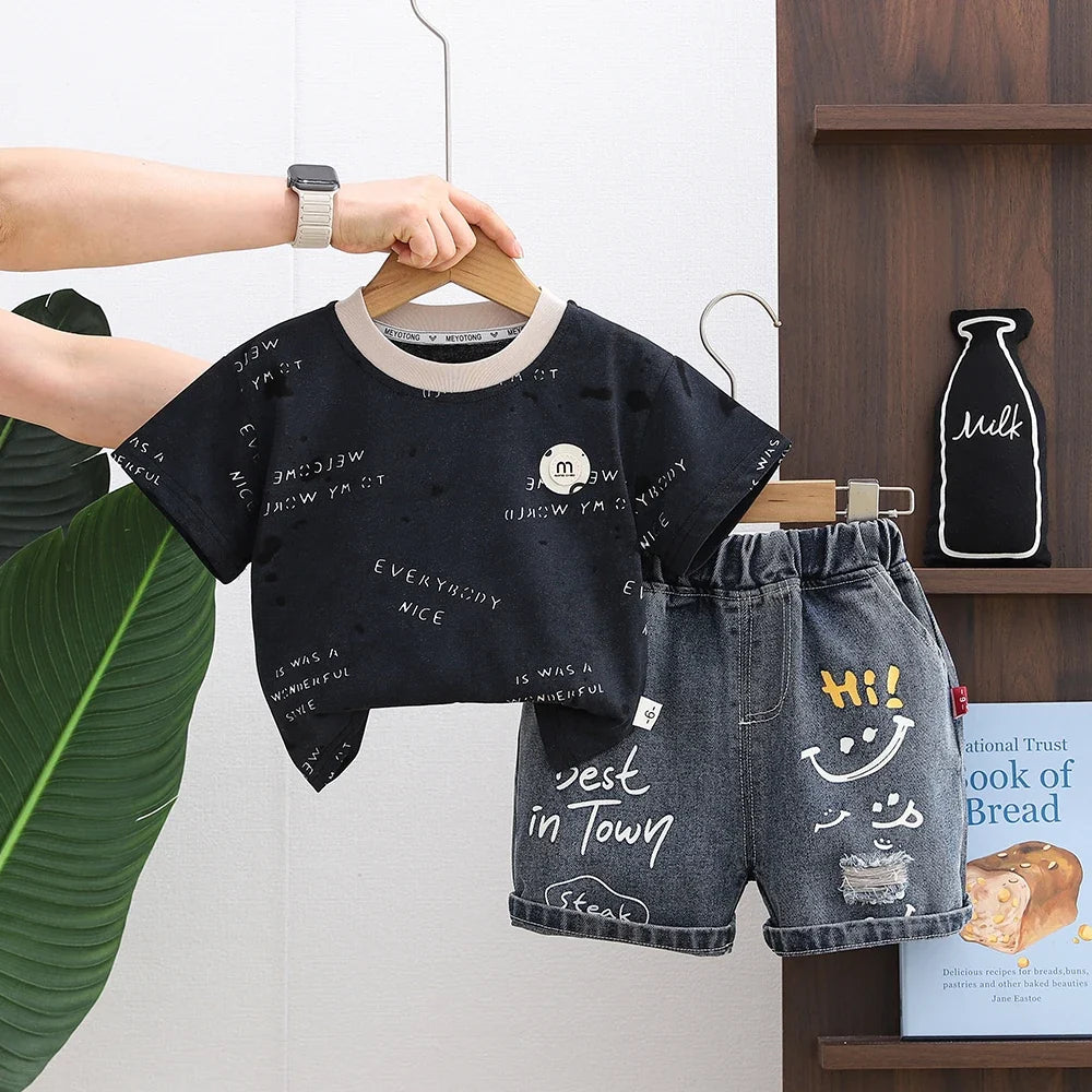 2026 LY New Summer Korean Style Cartoon Woven Loose Casual Short Sleeve 100% Cotton T-Shirt Gold-embossed Logo Young Children