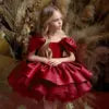 High Quality Girls Wine Red Princess Dress Skirt Bowknot Elegant O-Neck Gown for Birthday Piano Performance for Children