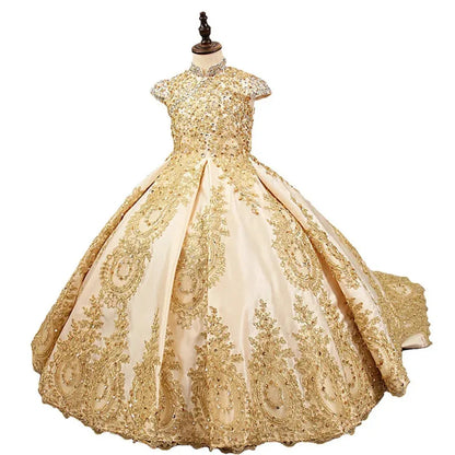 Retro Palace Princess Dress for Kids Formal Ball Gown with Tail Lace for Birthday Performance or Wedding for Children