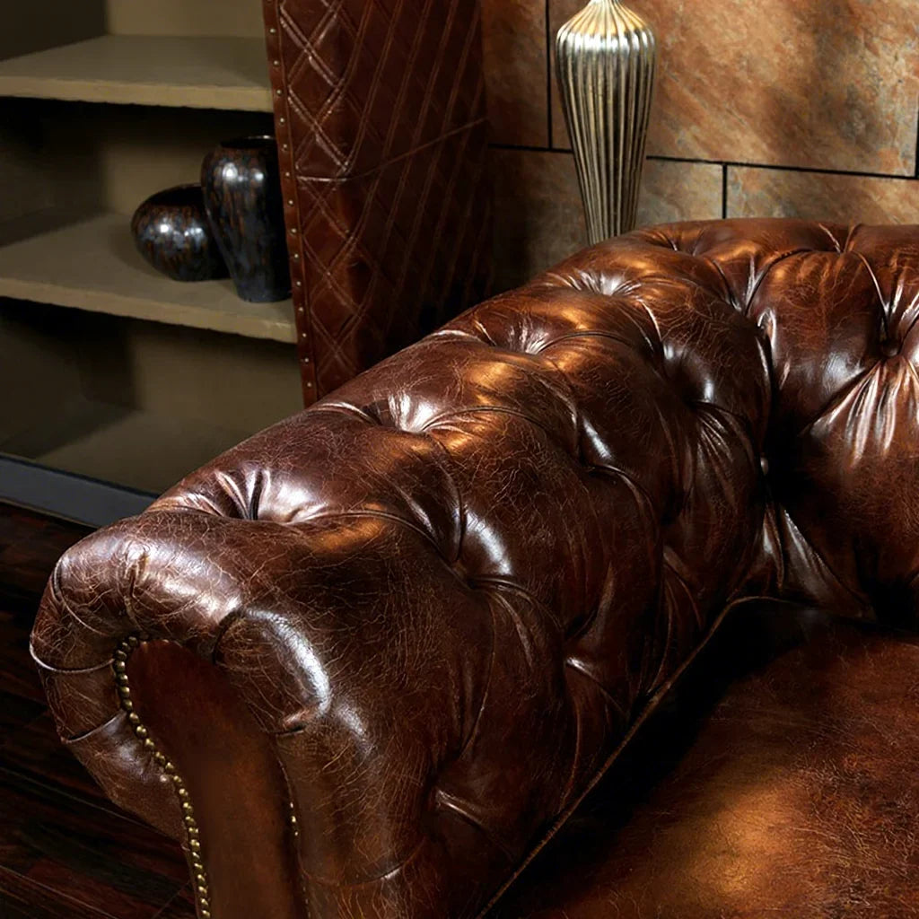 Antique High Quality Vintage Genuine Leather Chesterfield Sofa Set 100% Top Grain Leather Tufted Sponge Luxury Living Room