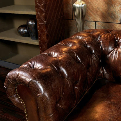 Antique High Quality Vintage Genuine Leather Chesterfield Sofa Set 100% Top Grain Leather Tufted Sponge Luxury Living Room