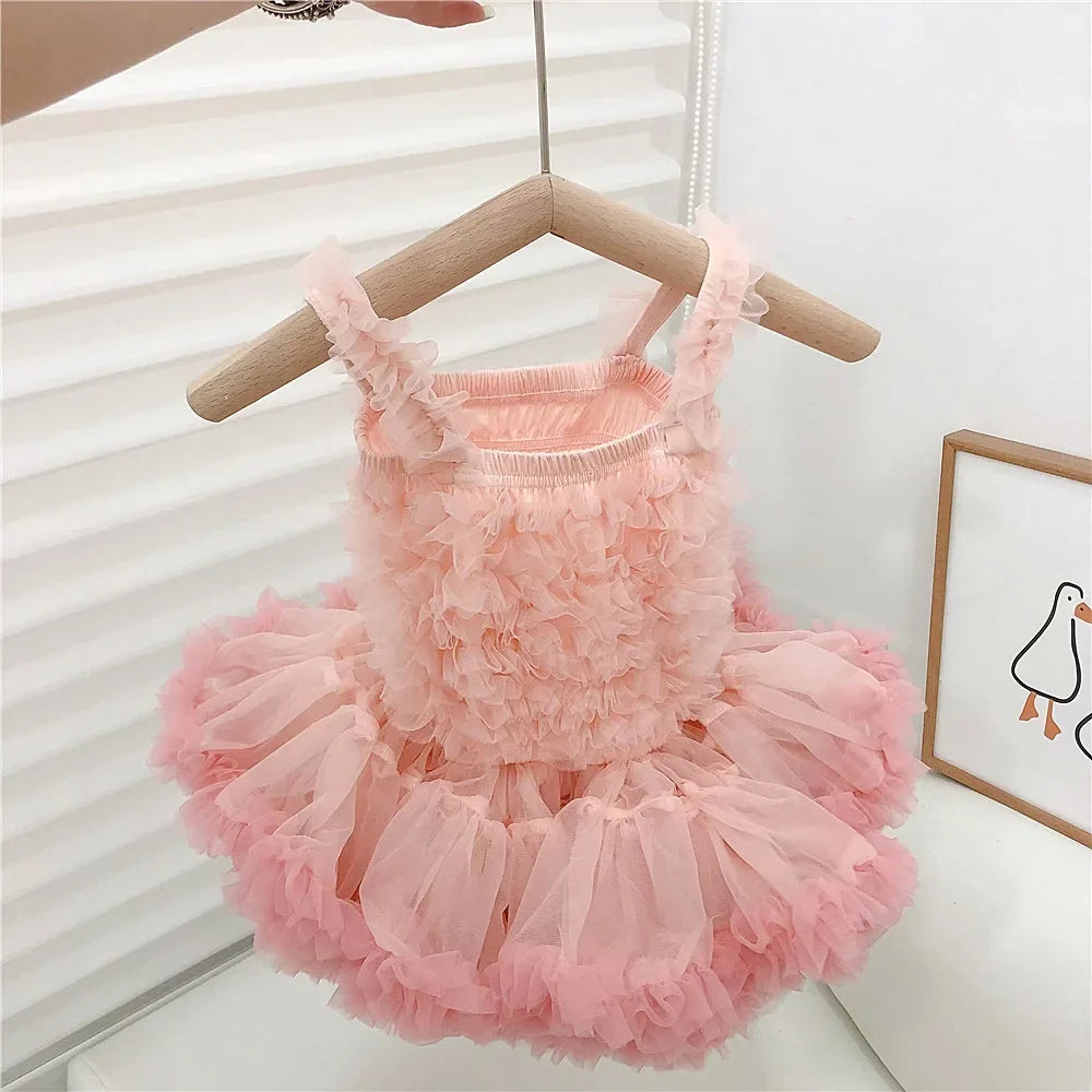Girls Summer Casual Princess Tutu Puffy Yarn Knitting Printed Dress Polyester/Cotton Material Children 3-8 Years 1-Year Birthday