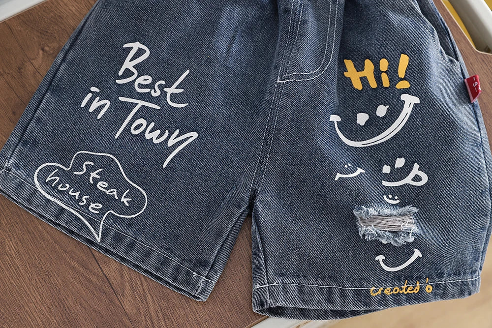 2026 LY New Summer Korean Style Cartoon Woven Loose Casual Short Sleeve 100% Cotton T-Shirt Gold-embossed Logo Young Children
