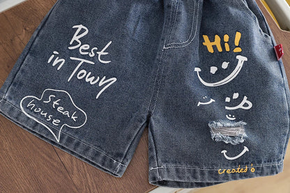 2026 LY New Summer Korean Style Cartoon Woven Loose Casual Short Sleeve 100% Cotton T-Shirt Gold-embossed Logo Young Children