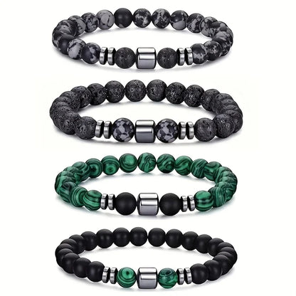 4pcs/set Men'S Beaded Bracelet, Tiger Eye Howlite Hematite Spacer Elastic Bracelets,Daily Wear for Men and Women,Mother'S  Gifts