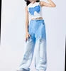 Girls' Summer Two-Piece Suit Sleeveless Ripped Jeans with Floral Denim for Older Children
