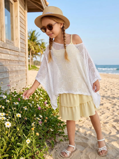 Wholesale Kids Poncho Swimwear Cover up Multi-Way Wear Children Hollow Out Loose Fit Beach Vacation Outdoor Top 6-12 Years